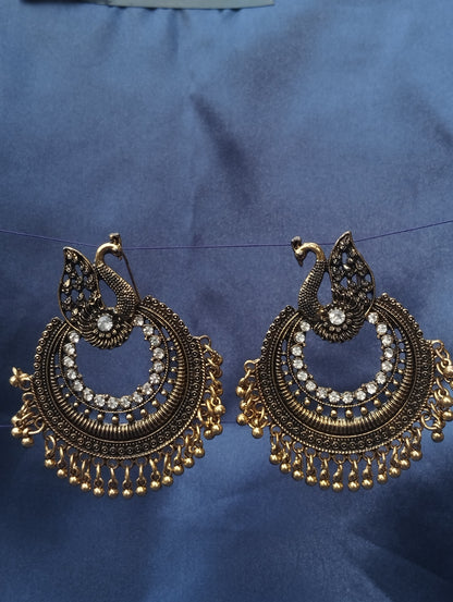 Elegant Peacock Chandbali Earrings - Antique Gold Finish