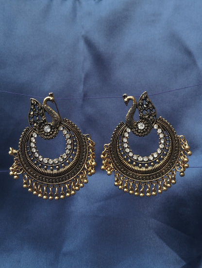 Elegant Peacock Chandbali Earrings - Antique Gold Finish