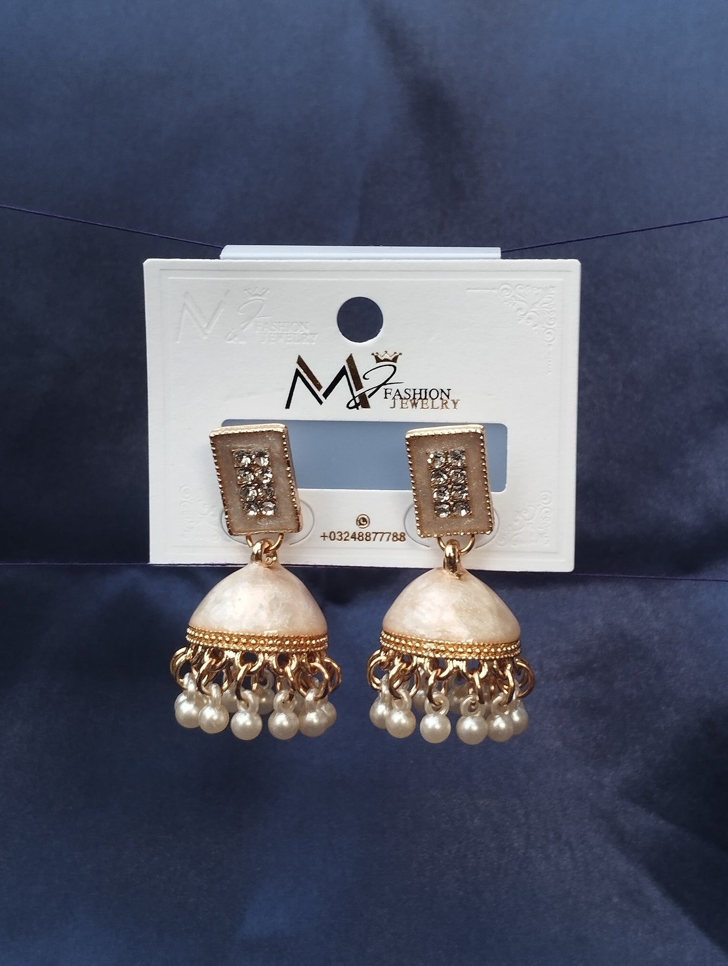 Cream & Gold Jhumki Earrings with Pearl Detailing - Ethnic Jewelry