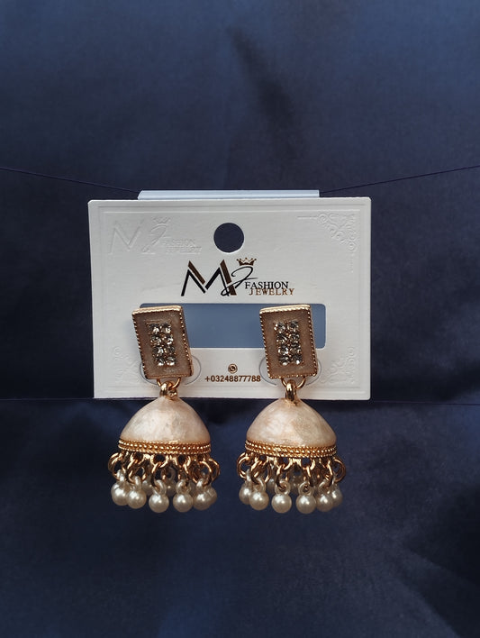 Cream & Gold Jhumki Earrings with Pearl Detailing - Ethnic Jewelry