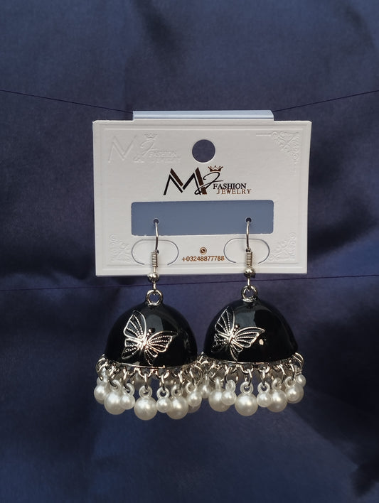 Midnight Bloom Jhumka Earrings - Handcrafted Pearl Accents Traditional Jhumka