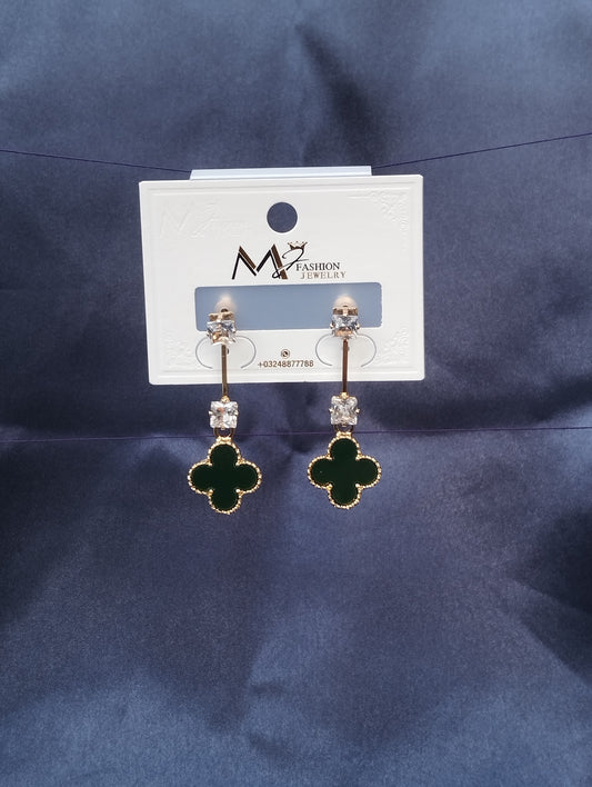 Green Clover & Crystal Dangle Earrings - Indian Fashion Jewelry