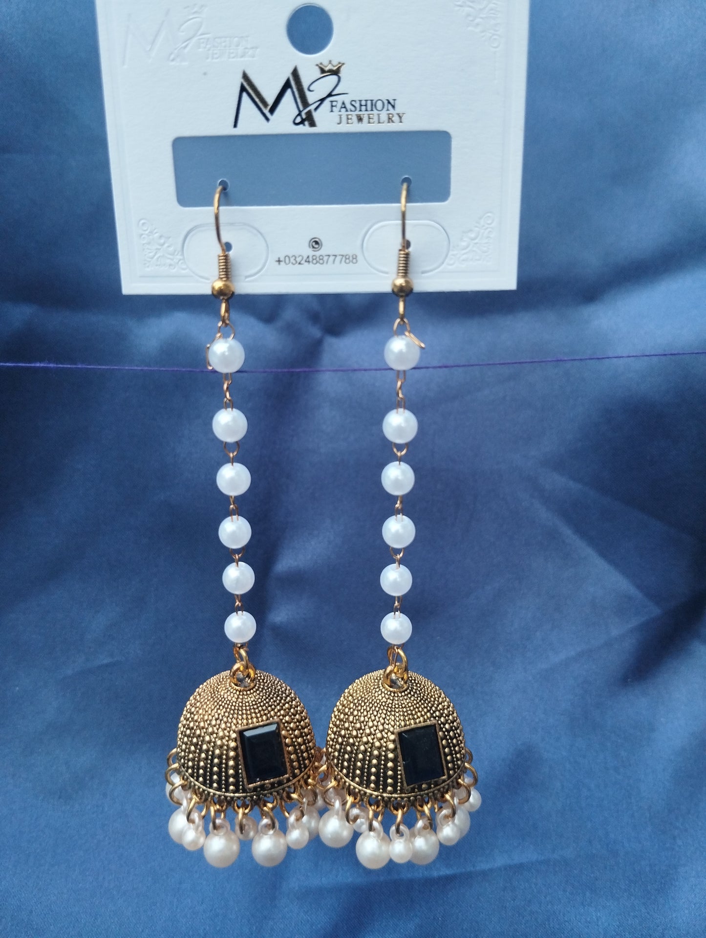 Jhumka Earrings with Pearl Chain & Black Stone