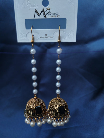 Jhumka Earrings with Pearl Chain & Black Stone