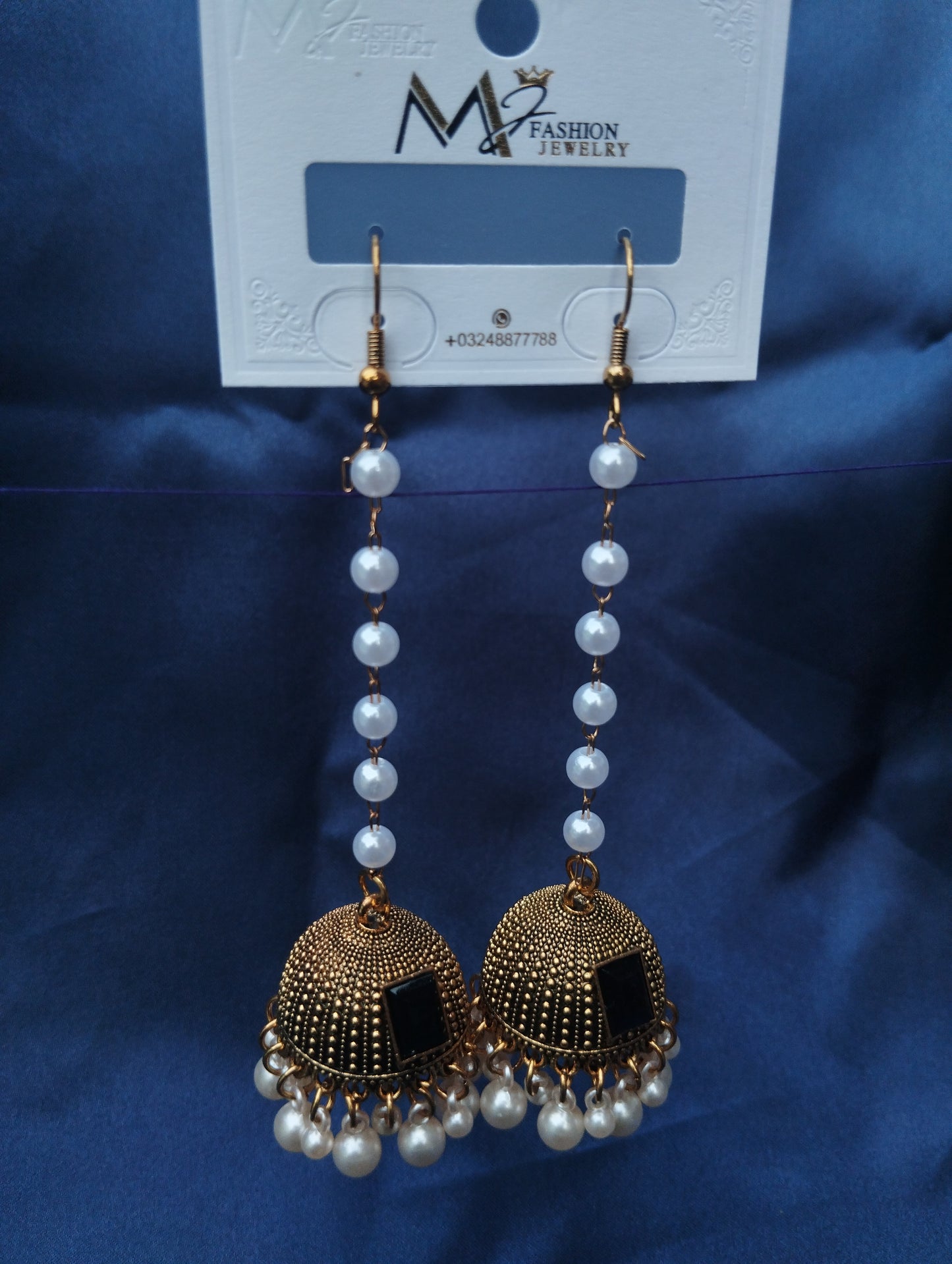 Jhumka Earrings with Pearl Chain & Black Stone