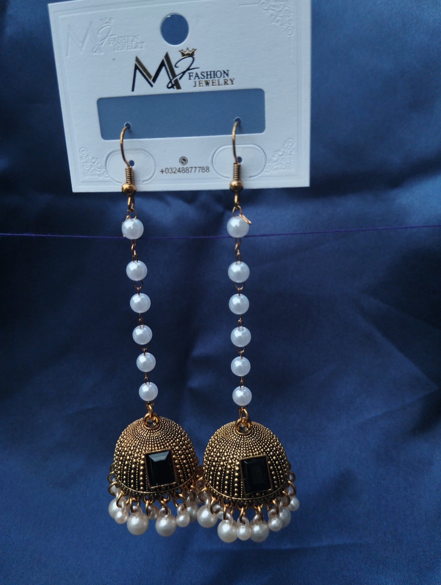 Jhumka Earrings with Pearl Chain & Black Stone